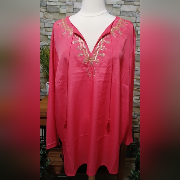 2X Elegant Coral Embroidered‎ Women's Peasant Top - Picture 1 of 3